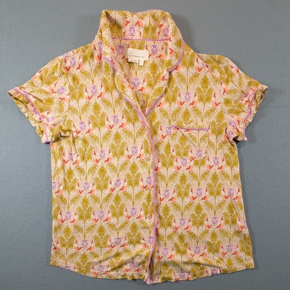 Anthropologie Pajama Top Womens Medium Yellow Pink Tropical Bird Print